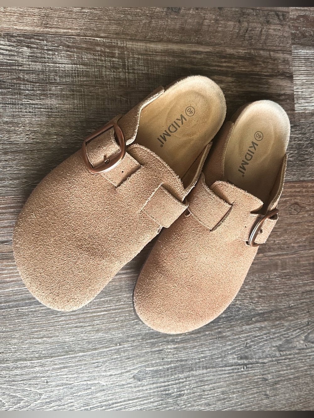 Women’s ' Tan Suede Slip-On Clogs with Buckle